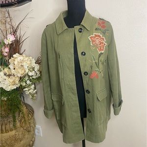 Umgee Olive Green Utility Style Jacket with Embroidered Flowers! Size small